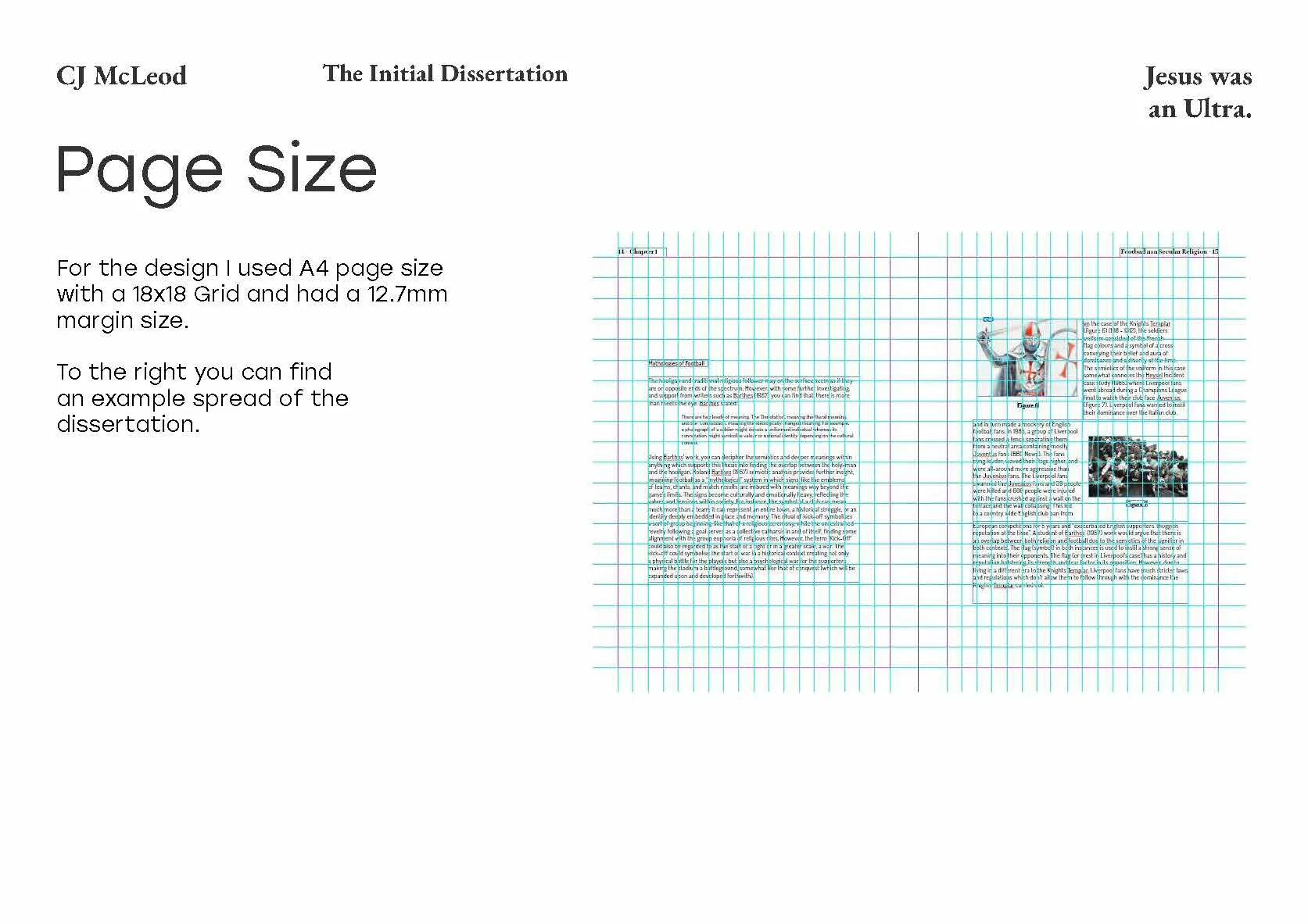 The page size specification: A4, an 18 by 18 grid and a 12.7mm margin, with an example spread