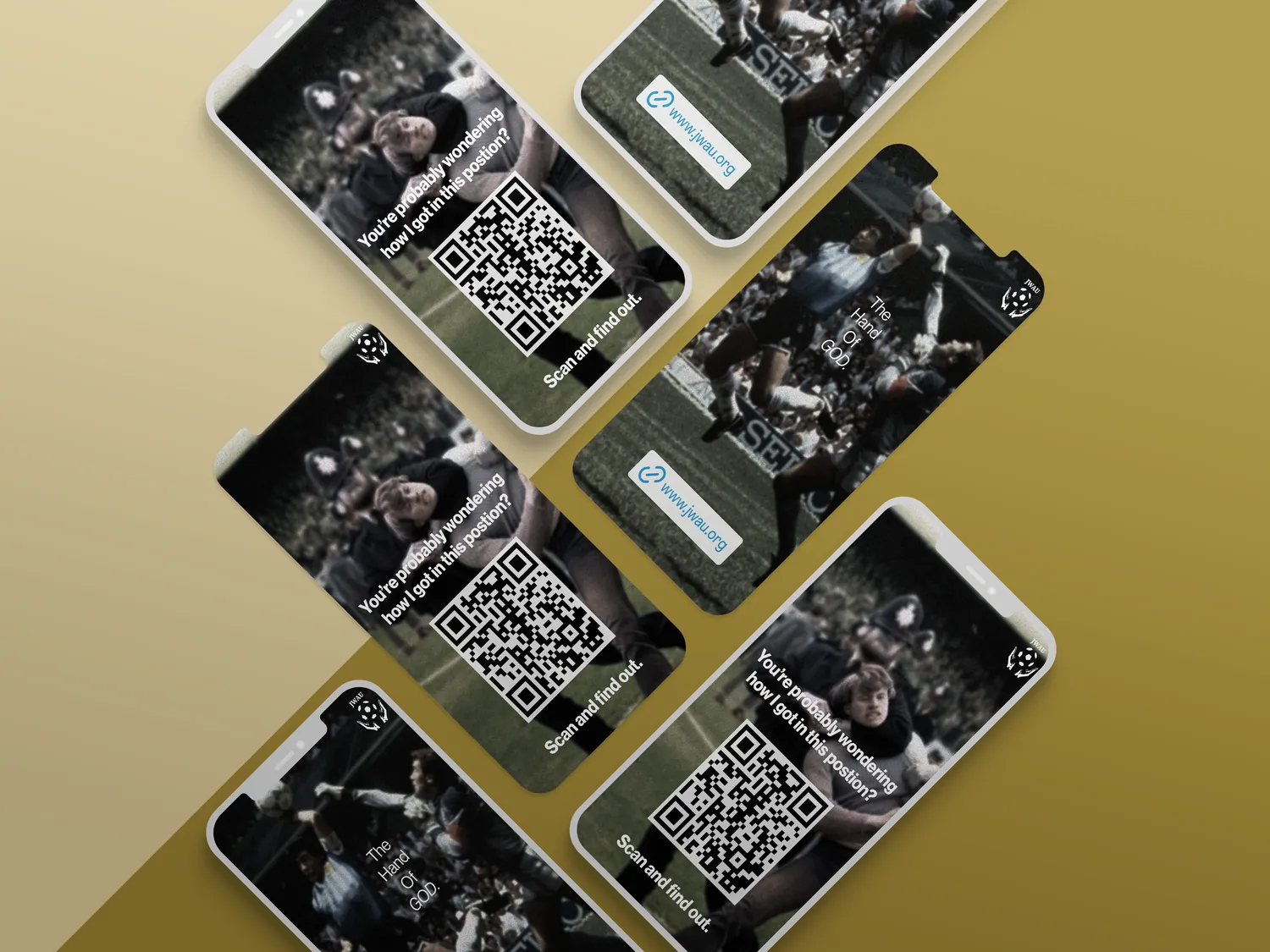 Story format campaign graphics laid out across phone screens on a gold background