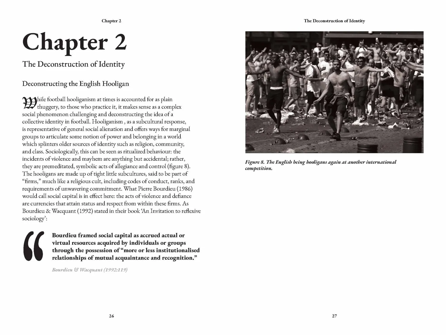 A spread from chapter two, running text beside a photograph of English hooligans with a figure caption
