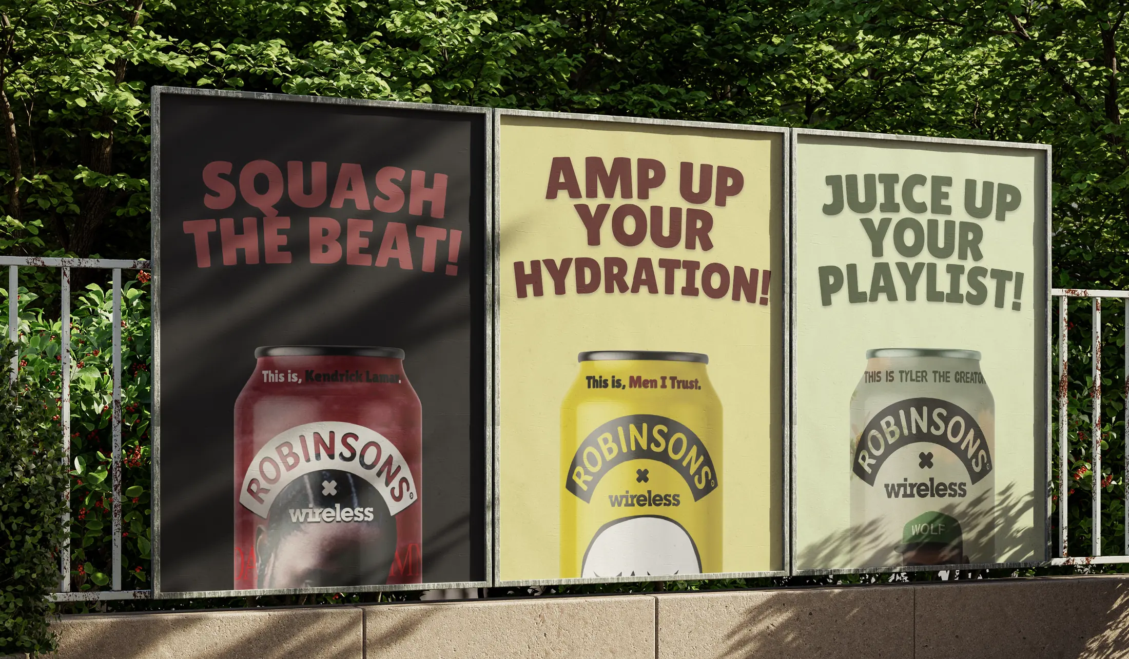 Three posters on an outdoor site, each with a Robinsons x wireless can and a line of copy