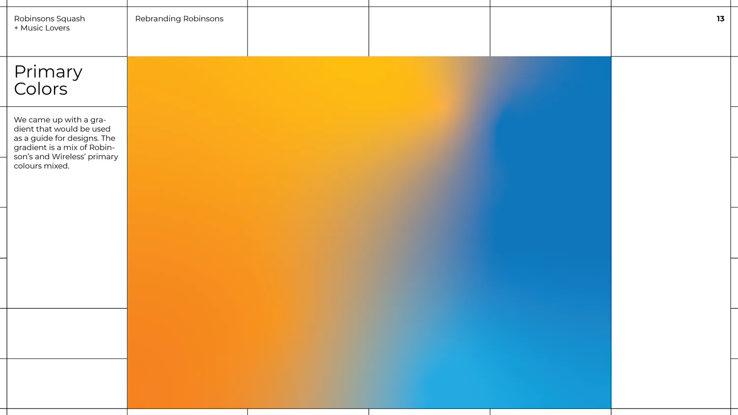 The primary colour page, an orange to blue gradient across the spread