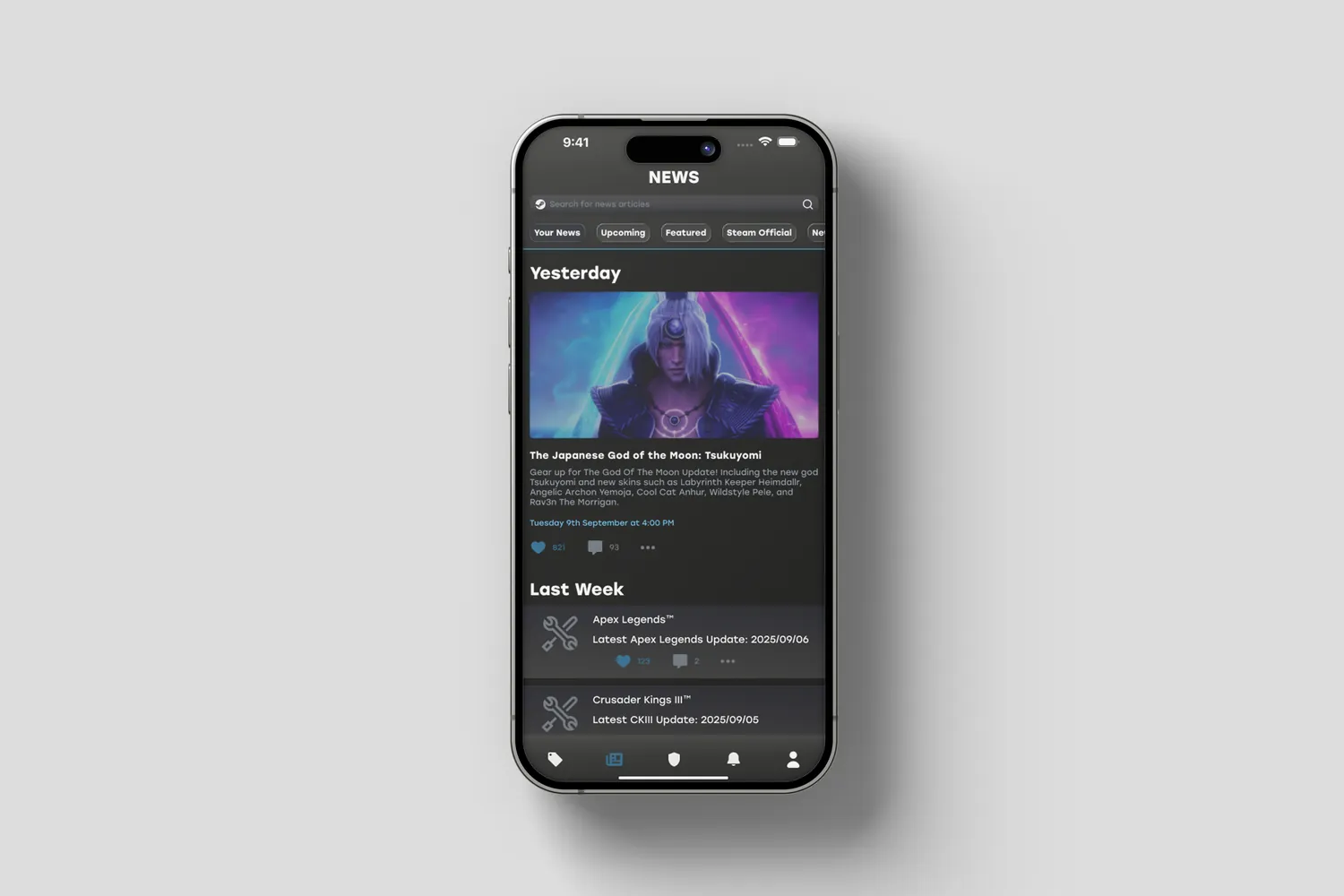 The redesigned news screen, articles grouped by yesterday and last week