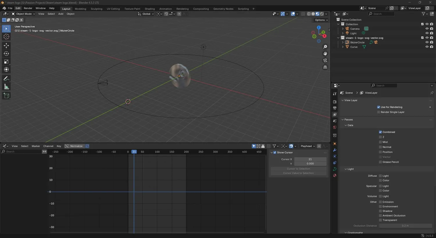 The Blender viewport showing the logo geometry in wireframe