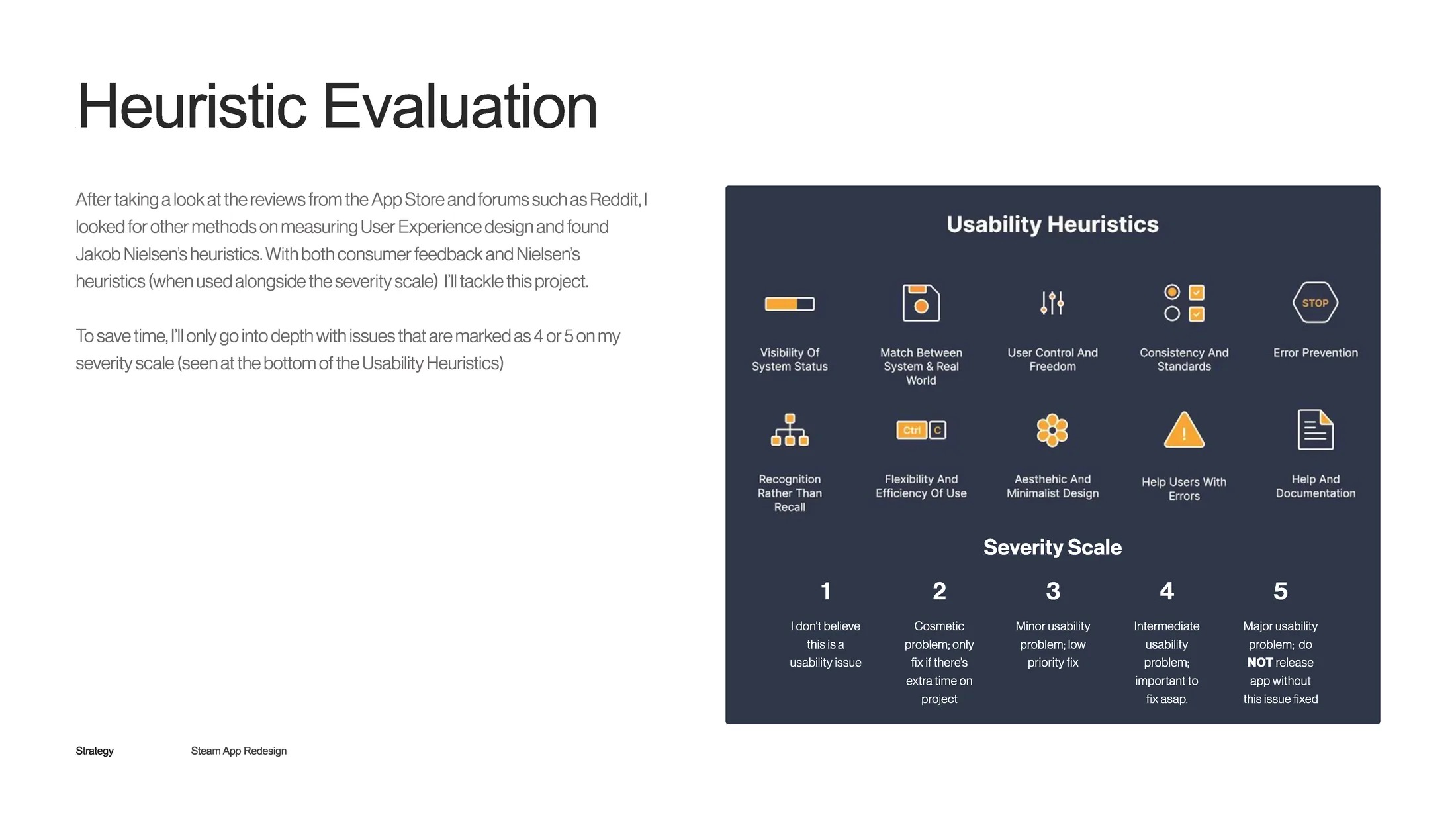 A slide showing the ten usability heuristics as icons above a five point severity scale