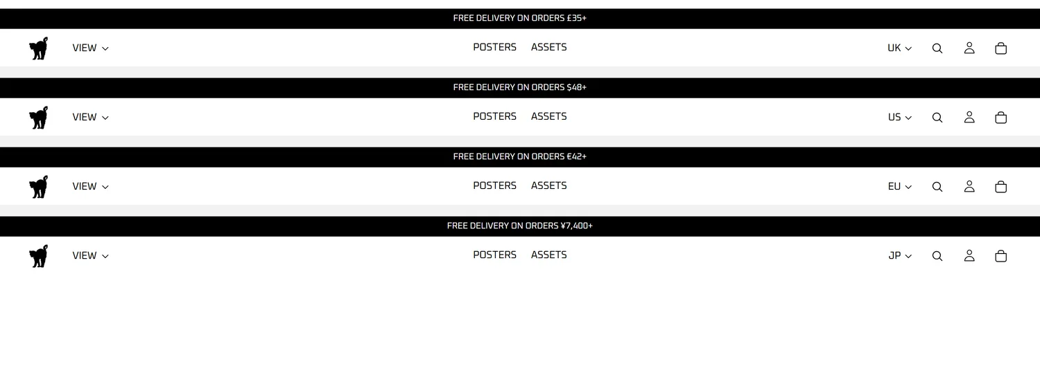 Four versions of the header bar showing the free delivery threshold in pounds, dollars, euros and yen