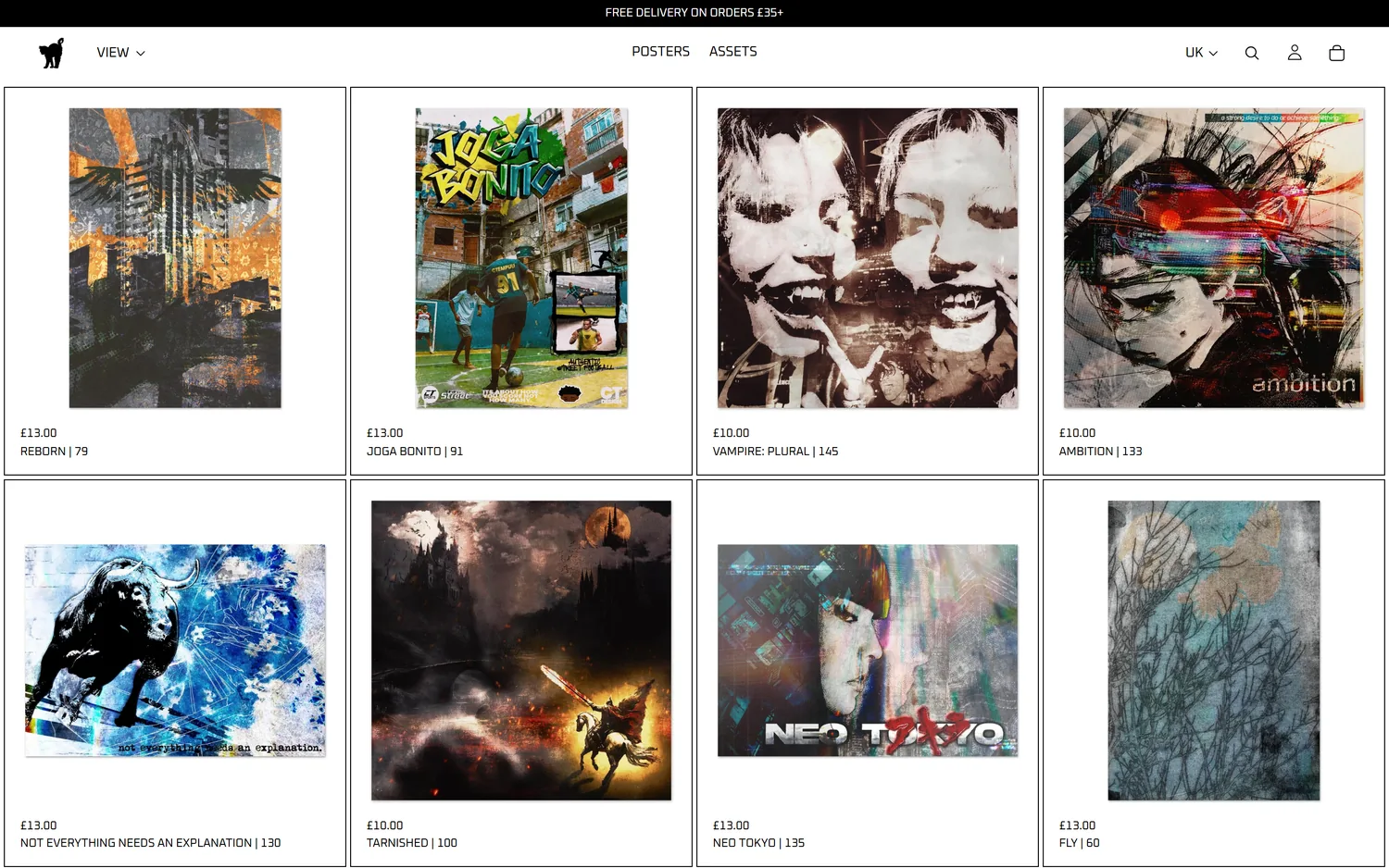 The redesigned shop opening straight onto a four column grid of prints divided by thin black lines