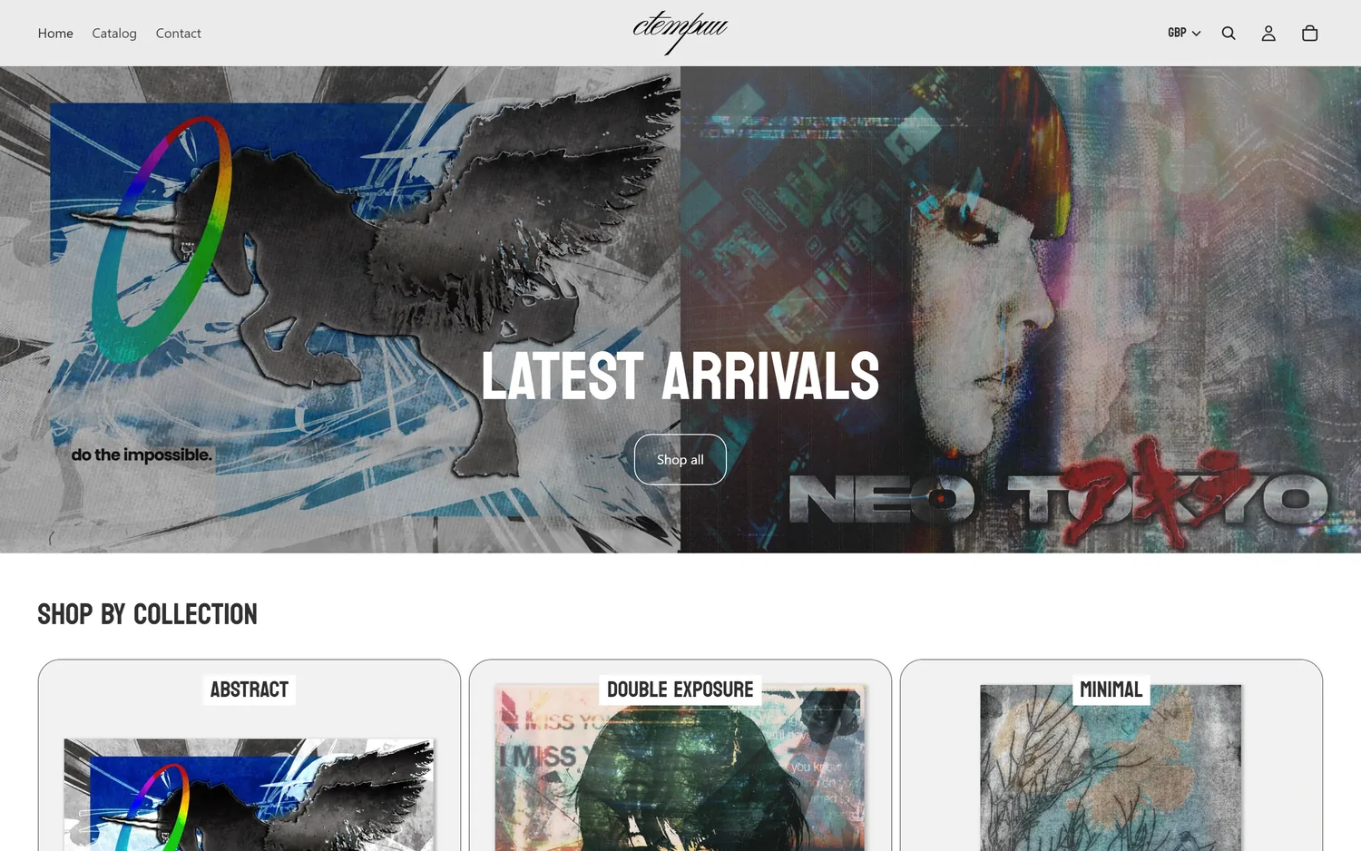 The original shop, a stock Shopify theme with a large hero banner reading Latest Arrivals and rounded collection cards