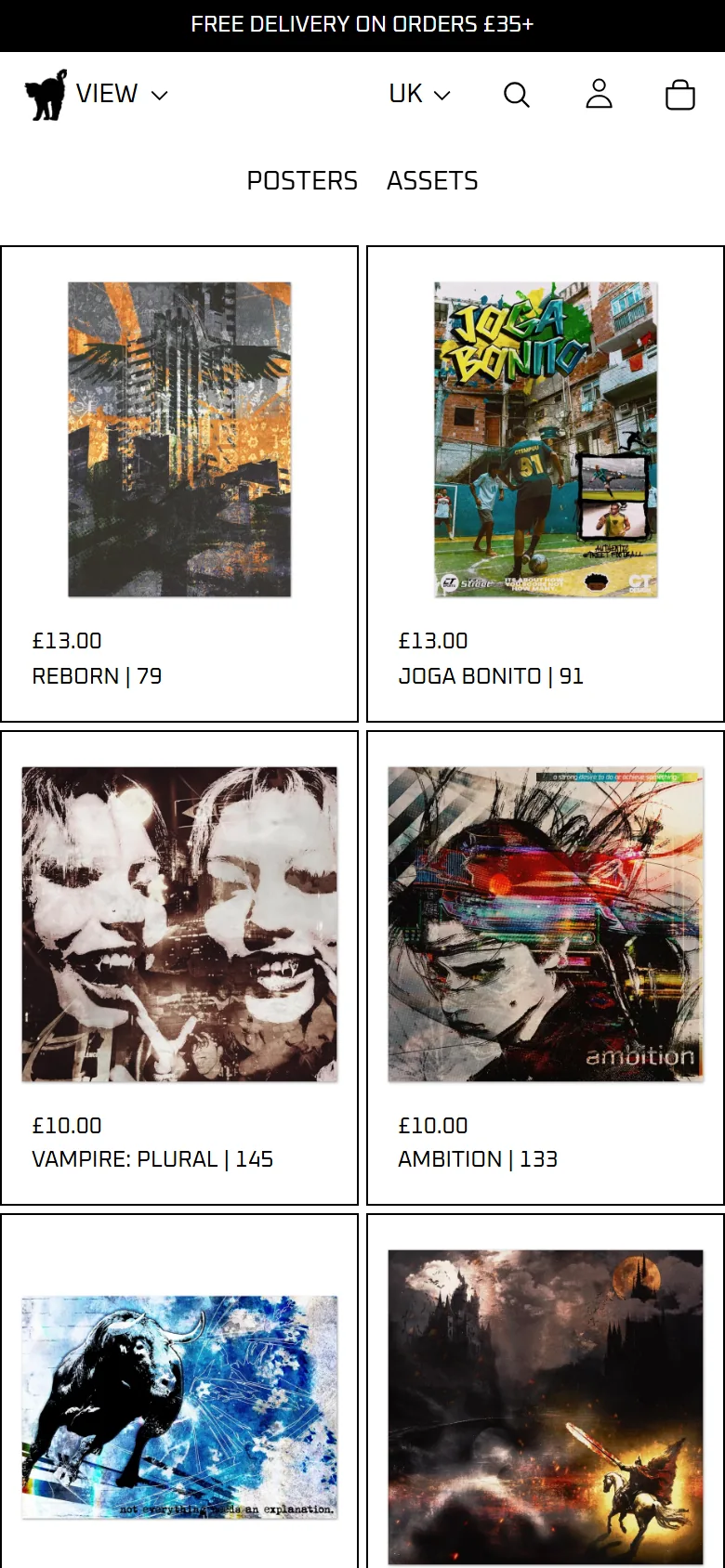 The shop on a phone, two prints per row with Posters and Assets always visible in the header