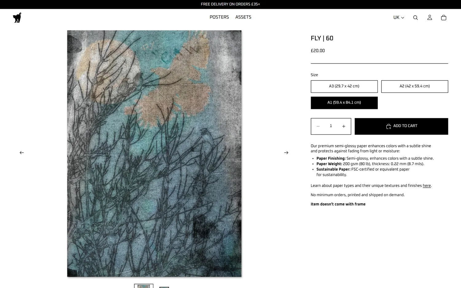 The same product page with A1 selected and the print shown at full size