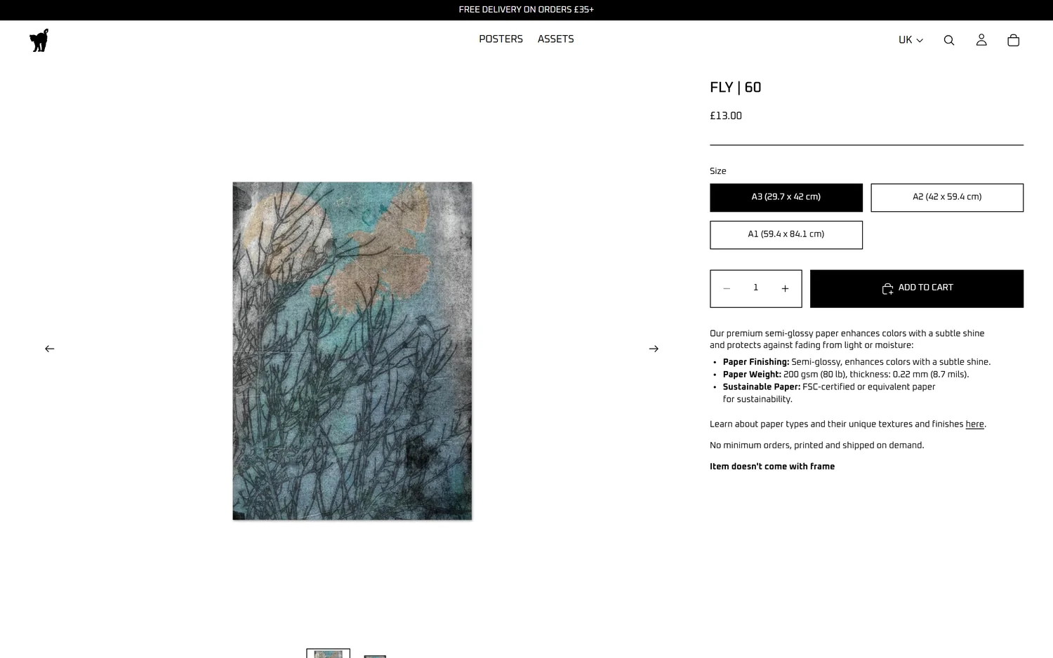The redesigned product page with A3 selected and the print shown small