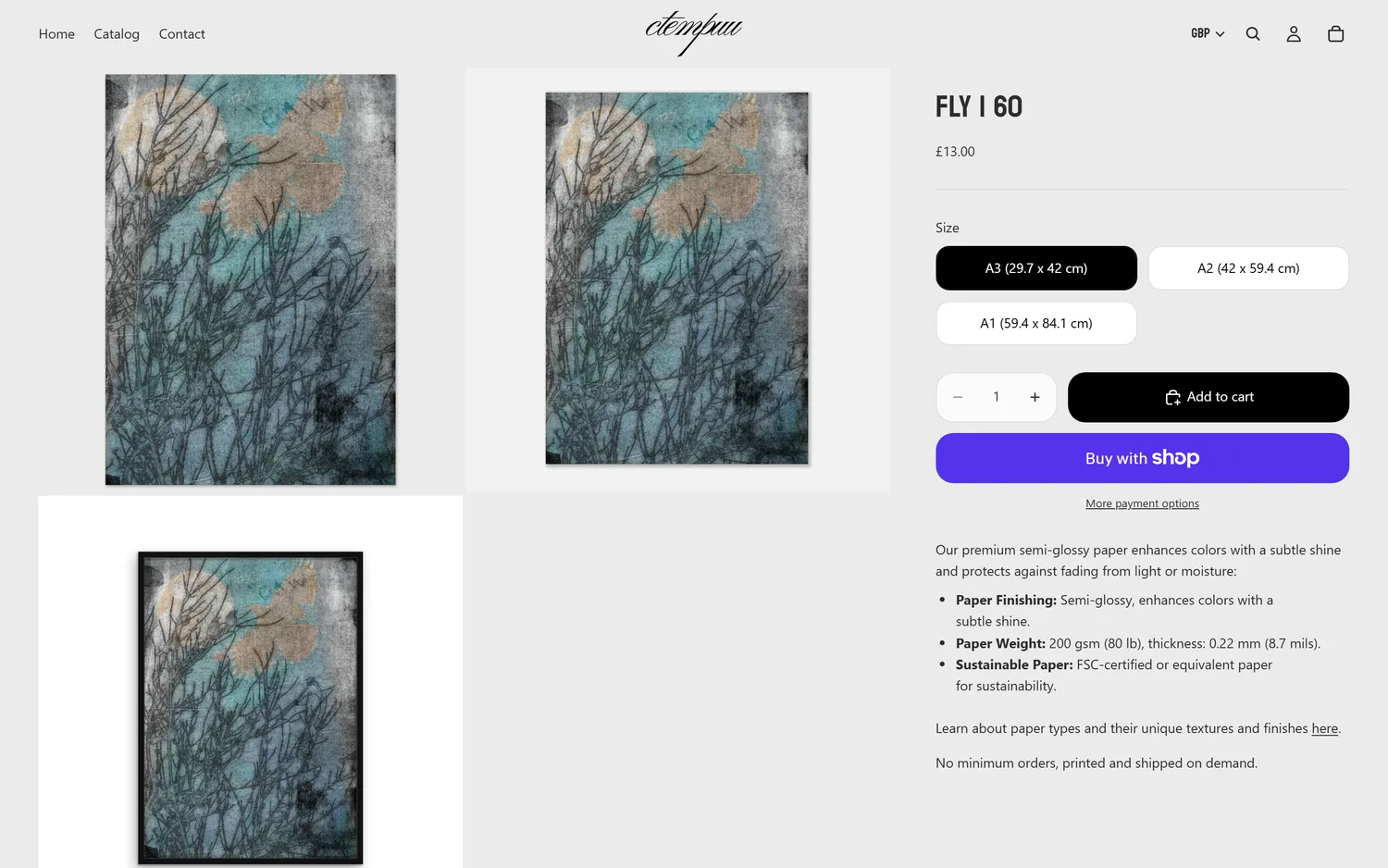 The original product page with a grey extra photo and purple and yellow express checkout buttons