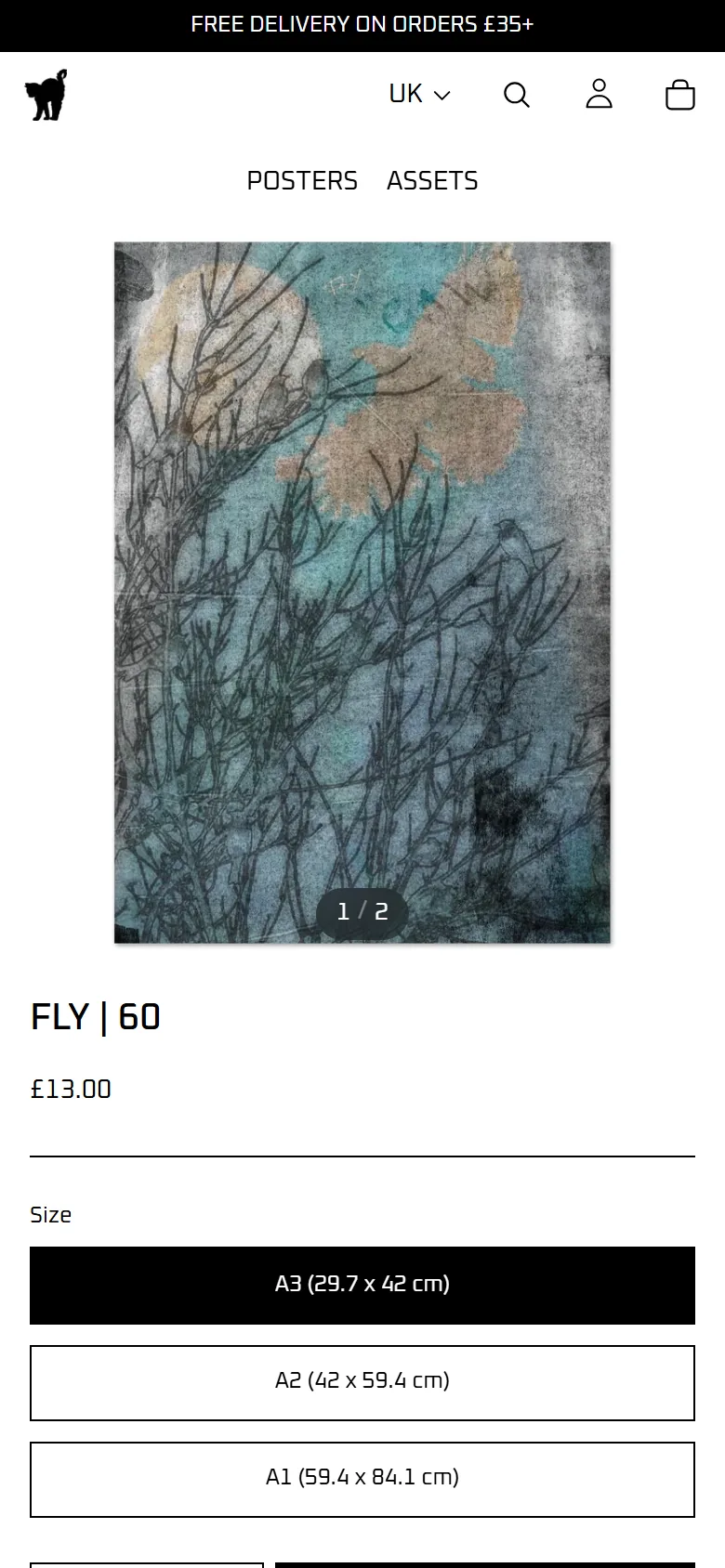 The product page on a phone with a fixed image size and full width square size buttons