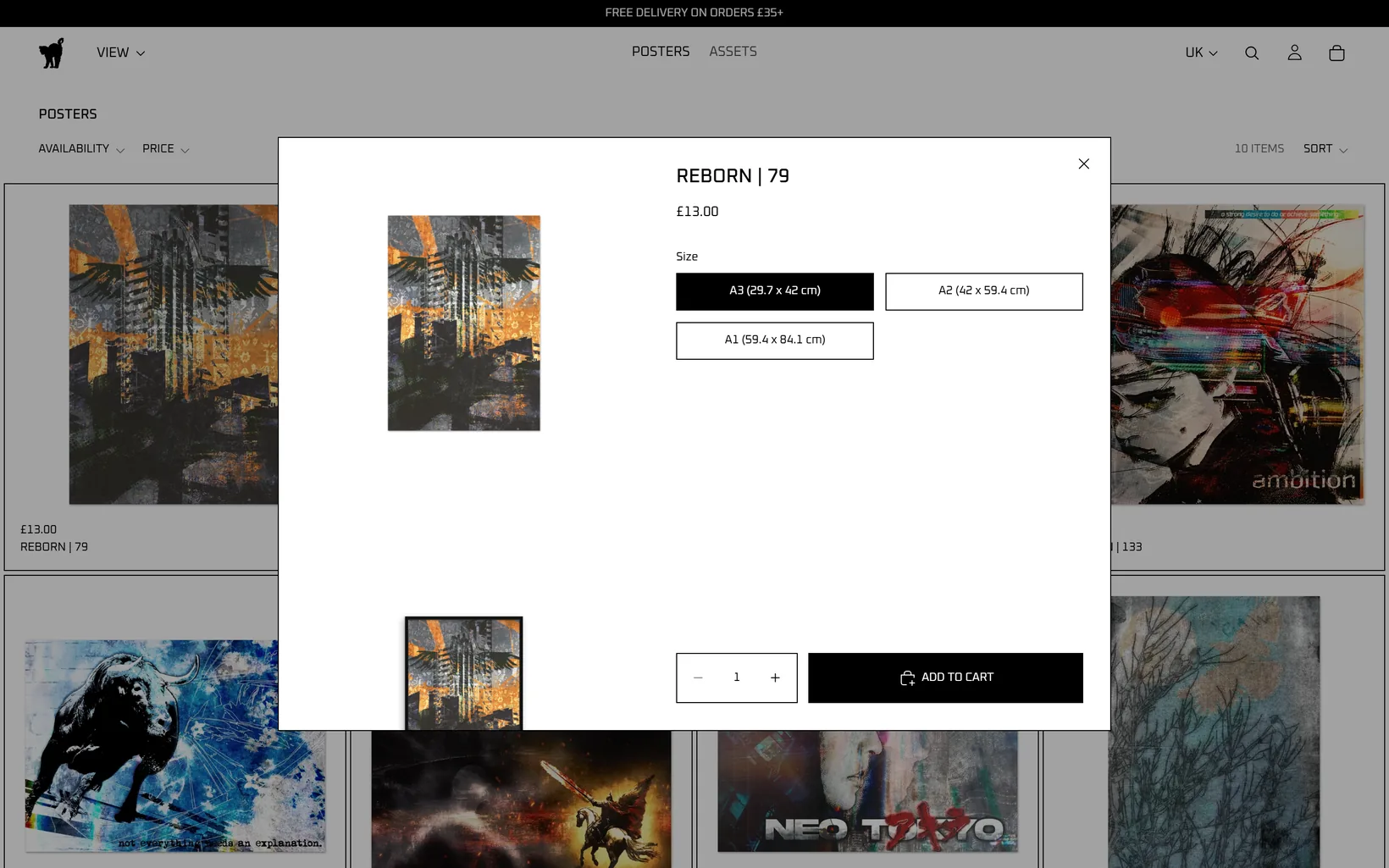 The Quick add window open over the grid, with uppercase title, size buttons and a square Add to cart button