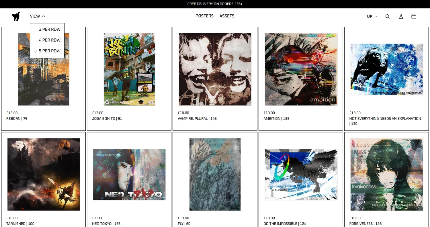 The View menu open with 3, 4 and 5 per row, and the grid showing five prints per row